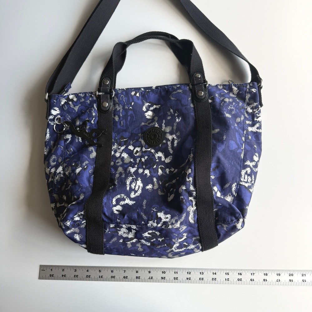 Kipling Adara Ripple Print Monkey Charm Blue Black Top Zip Shoulder Tote Bag‎ - Picture 8 of 10